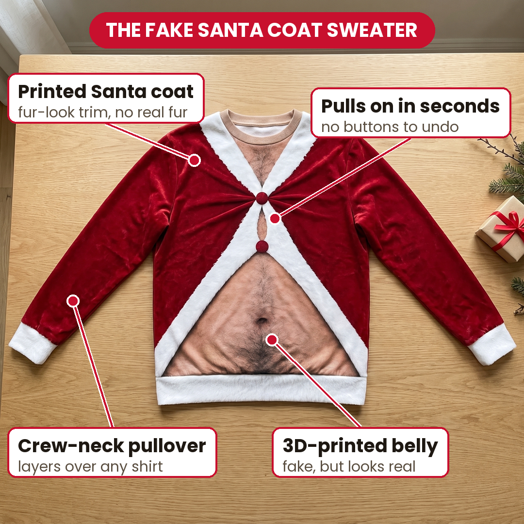 Sweater features: printed Santa coat, 3D-printed belly, classic pullover