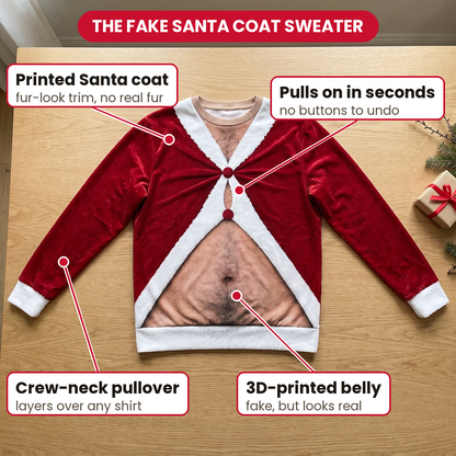 Sweater features: printed Santa coat, 3D-printed belly, classic pullover