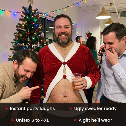 Man wearing the sweater at an office Christmas party while coworkers laugh